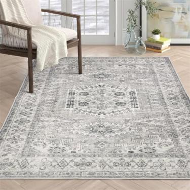 Imagem de ESSMOKO Tapetes tapete turco persa para casa, sala de estar, quarto, mesinha de cabeceira, lavável à máquina, tapete de vários tamanhos, padrão cinzento de luxo, 60 x 90 cm