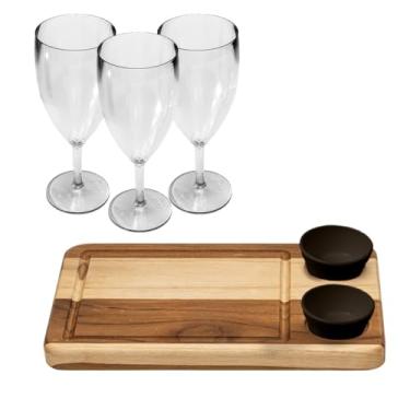 Imagem de Conjunto Kit Wooden Glow Tábua Retangular Corte Churrasco Frios Madeira Acompanha Ramequim Com 3 Taças de Vinho Ou 3 Copos Whisky (2, Preto - Taça)