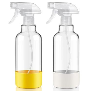Imagem de Hethyo Frascos de spray de vidro com manga de silicone de 500 ml, pacote com 2 frascos de spray vazios para névoa de cabelo/spray para soluções de limpeza, plantas, óleos essenciais (branco claro e