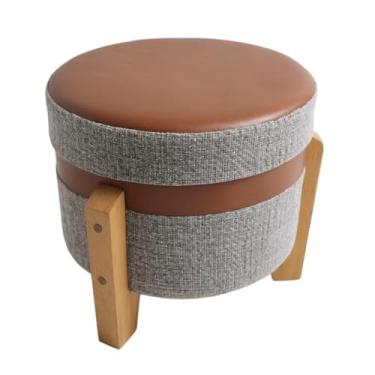 Imagem de Puff Redondo Pés em Madeira com Revestimento em Linho e Courino Preebel Linho Cinza