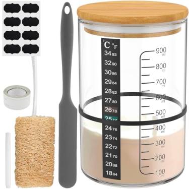 Imagem de Pote de iniciante Sourdough 900 ml Kit para iniciantes de pão de fermento com tampa de madeira, tira termômetro, espátula, faixa de borracha, bucha, esponja, folha de etiqueta, rolo de caneta, kit de