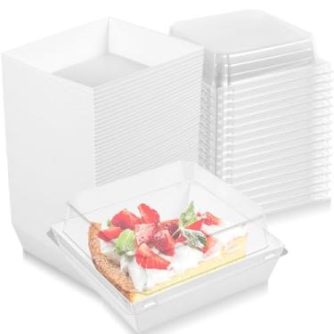 Imagem de PoDhey 50 caixas de sobremesa de papel com tampas transparentes 590 ml caixas de charcutaria reutilizáveis resistentes à gordura recipientes de fatia de bolo selados caixa de armazenamento de cupcake