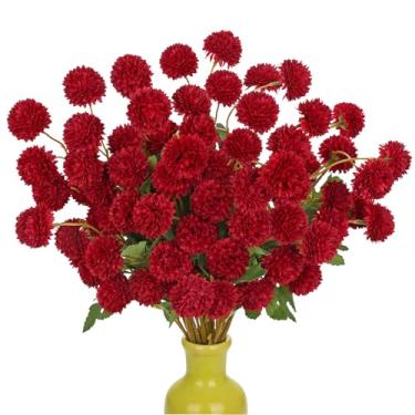 Imagem de Briful 12 peças de flores artificiais para mães – flores de seda kiku pompom, haste longa de crisântemo vermelho para enchimento de vasos, mini mães artificiais para buquê de casamento, colheita de