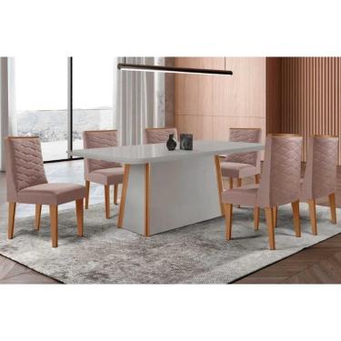 Imagem de Conjunto Sala de Jantar Tilia c/ Tampo Madeirado c/ Vidro Canto Curvo 180x90cm e 6 Cadeiras Dafne Madeira Maciça Naturale/Off White - Capuccino/Linho 
