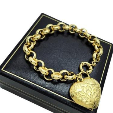 Imagem de Pulseira Elos Portugueses 11mm Coração Floral Banho De Ouro 18k 1797P 