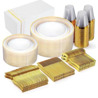 Imagem de Conjunto de pratos de plástico GATHER Clear Gold 350 unidades para fes