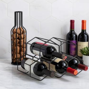Imagem de Conjunto de Adega Aramada de Mesa e Porta Rolhas Decorativo Para Vinho, Estilo Moderno (KIT PRETO)