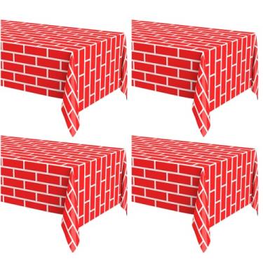 Imagem de Oudain 4 peças de blocos de montar 137 x 272 cm, toalhas de mesa descartáveis, à prova d'água, tema de blocos de construção, decoração de festa, toalha de mesa de tijolos para crianças, crianças