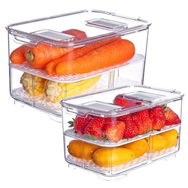 Imagem de Recipientes para armazenamento de frutas vegetais, conjunto de 2 peças para economia de frutas frescas com tampas e ventilações, suporte para salada dividido para geladeira ou fácil de transportar, livre de BPA, 5,7 litros
