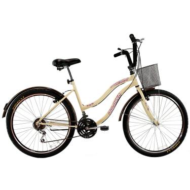 Imagem de Bicicleta Feminina 26 Beach Retrô Bege de 18 Velocidades com Aros duplos, Pneus Slik, Paralamas e Cesta Marrom - Dalannio Bike