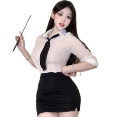 Imagem de Tolnecty Conjunto de roupas femininas sexy de secretária, colado ao corpo, mini saia, uniforme impertinente, cosplay