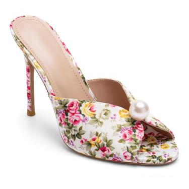 Imagem de Lhamo Latso Salto mule de malha para mulheres com salto agulha de 10 cm, Branco/floral, 35