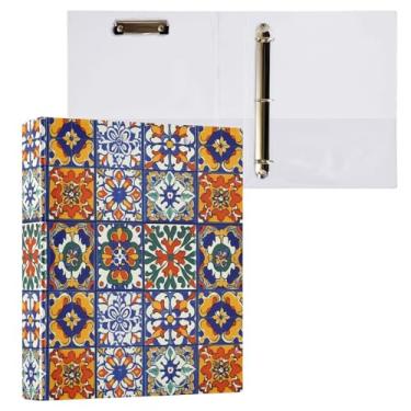 Imagem de Fichário de 3 anéis étnicos coloridos com estampa de azulejo mexicano 3,8 cm com prancheta e 3 bolsos transparentes, comporta 200 folhas de papel tamanho A4 fichários à prova d'água para escola