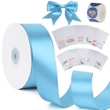 Imagem de Fita de cetim lisa azul aqua de 3,8 cm com cartões de agradecimento e adesivos, fita de 50 metros para buquê de laços, embrulho de presente, casamento, arranjo floral, decorações de Natal