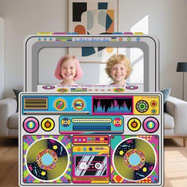Imagem de WADORN Banner de porta de foto retrô para rádio boombox, 1,5 x 1,5 m, música retrô, dança, festa de aniversário, decoração de música tema dos anos 90 e 80, faixa de fundo para varanda para suprimentos