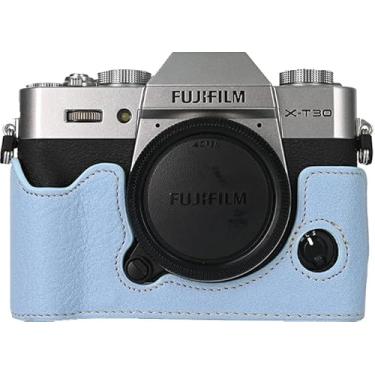 Imagem de Capa X-T30, capa BMAOLLONGB feita à mão de couro PU meia câmera versão abertura inferior para Fujifilm X-T30 XT30 com alça de mão (azul)
