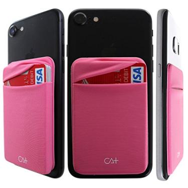 Imagem de [Dupla segurança] Suporte de cartão de crédito com tampa na carteira discreto suporte de identidade Lycra Spandex para smartphones, capa carteira para celular iPhone Galaxy 3M adesivo, rosa