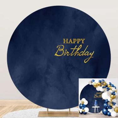Imagem de DORCEV 2,2 x 2,2 m poliéster azul marinho feliz aniversário capa de fundo redondo azul marinho textura mármore fundo de aniversário para fotografia crianças adultos menino homem aniversário festa