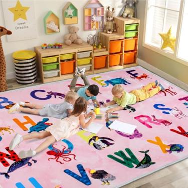 Imagem de Truqual Tapete de sala de aula, alfabeto colorido, para sala de jogos, lavável à máquina, para quarto de crianças