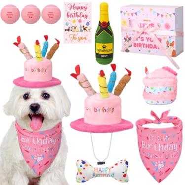 Imagem de Vertintong Conjunto de brinquedos de aniversário para cães, 10 peças, presentes de aniversário de pelúcia para cães pequenos, médios, bolo, osso, garrafa de vinho, chapéu, babador, bola de cartão