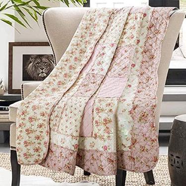 Imagem de Colcha tamanho solteiro algodão rosa floral patchwork cobertor para sofá, vintage, reversível, leve, acolchoada, cobertas de flores, colcha macia de jardim, edredom para cama, decoração de casa
