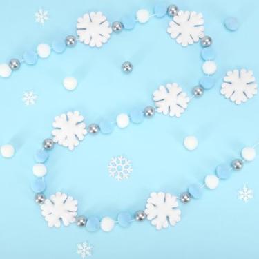 Imagem de FYSUIMU Faixa de feltro de inverno de 2,5 m, guirlanda pendurada, floco de neve, prata, miçanga, azul, branco, pompom, bandeira, para Natal, casa, cornija, parede, janela, decoração de festa