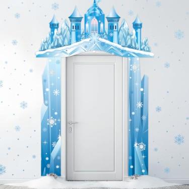 Imagem de Tiamon Decoração de porta de castelo de inverno bandeira de festa do país das maravilhas arco gelo floco de neve pendurado faixa de porta pano de fundo para meninas aniversário feriado cabine de fotos