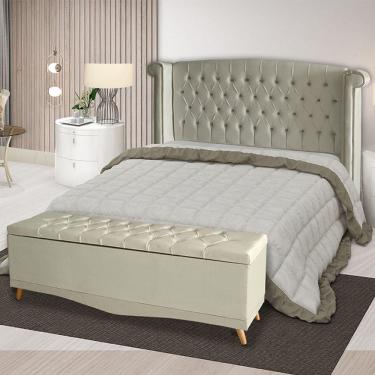 Imagem de Kit Cabeceira De Cama Box E Calçadeira Baú Malibu Casal 140 Cm Suede Porcelana Eli Móveis