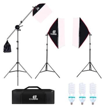 Imagem de SOU FOTO Kit de Iluminação Triplo Softbox com 3 Lâmpadas 150w, Tripé, Braço Girafa e Bolsa para Criação de Conteúdo Foto e Vídeo (110V)
