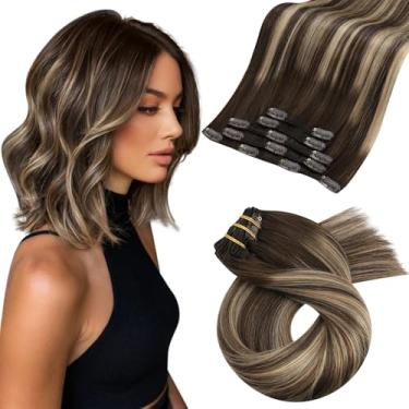Imagem de Moresoo Clip In Hair Extensions Balayage Humano Real Ins Castanho Escuro Mix Caramelo Loiro Ombré Trama Dupla 5 Peças 80 Gramas 10 Polegadas