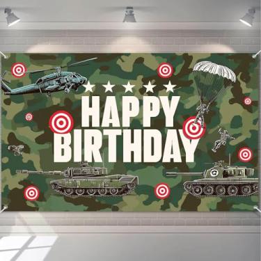 Imagem de HOMETITUTE Banner de feliz aniversário com tema militar com helicópteros, tanques, paraquedistas e alvos, decoração de aniversário, faixa para homens, meninos, festival do exército, cenário interno e