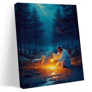 Imagem de Arte de parede em tela Jesus e cordeiro, decoração religiosa para sala de oração, arte de parede cristã para decorações internas, presente para mulheres, ideal para aniversários, batismo, decorações