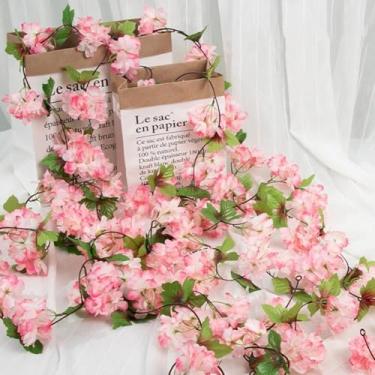 Imagem de 1 guirlanda artificial de flores de cerejeira para pendurar com flores falsas de videira adequada para decoração de casamento, apresentações de palco (rosa profundo)