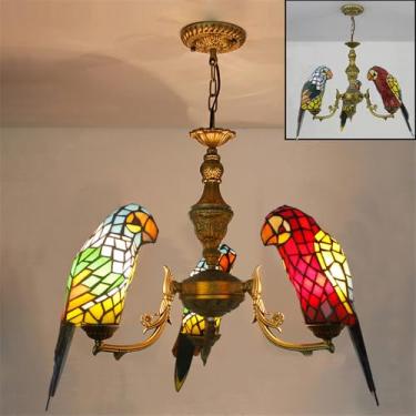 Imagem de Lustre contemporâneo de papagaio, obra de arte de luxo para sala de estar, restaurante, quarto, villa, hotel, café, bar, karaokê, clube, luminária pendente de vidro colorido com LED (3 lâmpa