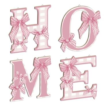 Imagem de Putuo Decor Conjunto de letras de arte de parede doméstica, placas decorativas MDF com design de laço rosa, placas de suspensão rústicas para sala de estar, quarto, entrada, corredor