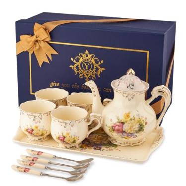 Imagem de YOLIFE Conjunto de chá de cerâmica marfim, conjunto de chá vintage com bule de chá, bandeja de servir, chávenas, colheres de chá – Serviço para 4, Louças, Flowering Shrubs, flower 4 cup +tray+tea pot