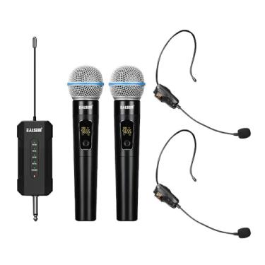 Imagem de ealsem Sistema de microfone portátil sem fio ES-384 4-CH UHF – alcance de 50 metros, receptor recarregável, plug-and-play para karaokê e shows ao vivo – 2 microfones portáteis com 2 fones de ouvido