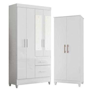 Imagem de Guarda Roupa Solteiro Madri Com Espelho E Armário Multiuso Jade Branco Brilho - Moval