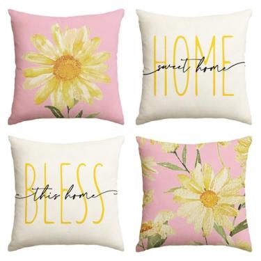 Imagem de AVOIN colorlife Home Sweet Home Primavera Verão Flores Rosa Fronhas, 45,7 x 45,7 cm, Capa de Almofada Branca para Sofá Conjunto de 4