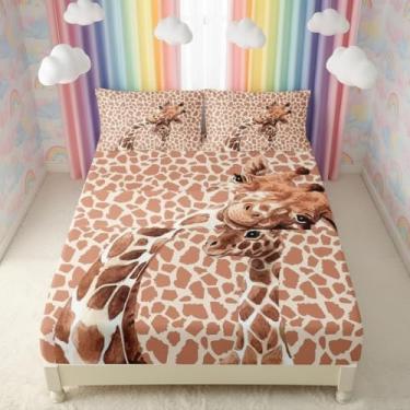 Imagem de QOOMO Jogo de cama infantil com estampa de girafa de desenho animado, leve para todas as estações, tamanho solteiro, marrom para decoração de quarto, 1 lençol com elástico, 1 lençol de cima, 2 fronhas