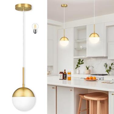 Imagem de Mccokaige Pingentes de luz pendentes modernos de meados do século de 15 cm para ilha de cozinha globo de vidro branco leitoso fosco globo suspenso moderno ajustável em altura para hall de entrada do