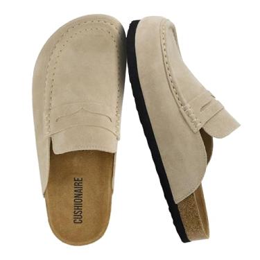 Imagem de CUSHIONAIRE Tamancos femininos de couro legítimo Fondu, confortáveis, sem cadarço, com detalhes de tira e palmilha de espuma viscoelástica, Biscoito, 36