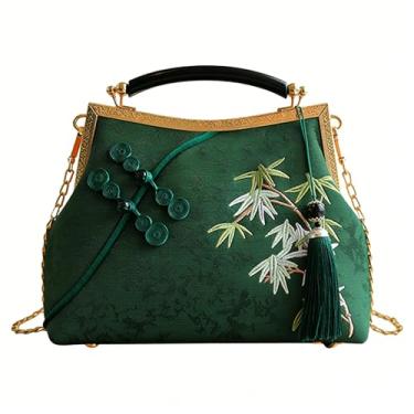 Imagem de Anopo Bolsa feminina bordada estilo chinês vintage clutch com pingente de borla Hanfu bolsa transversal, Verde escuro, One Size