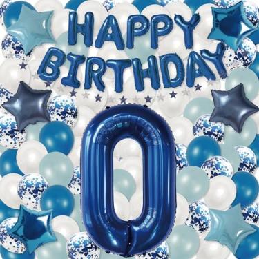 Imagem de BALLOON TOWN Conjunto de balões azuis de aniversário e chá de bebê – 82 peças de decorações de festa de recém-nascido com balão gigante número "0.0 cm, balões azuis e brancos, confetes, folhas de