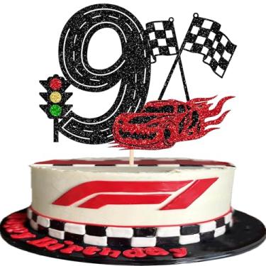 Imagem de 1 pacote de topo de bolo de carro de corrida 9º aniversário glitter semáforo carro de corrida bandeira quadriculada escolha de bolo decorações de bolo de nove anos para tema de corrida chá de bebê