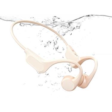 Imagem de Fones de ouvido IP68 à prova d'água de condução óssea com design de orelha aberta, leitor de MP3 de 32 GB integrado para natação, exercícios, corrida, ciclismo (bege)