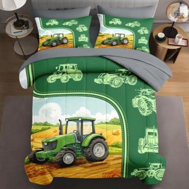Imagem de WeCozy Conjunto de edredom Queen com fronha e fronha, trator verde, 7 peças, para crianças e adultos, lençol de cima e lençol com elástico