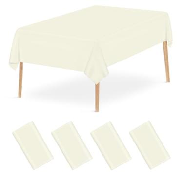 Imagem de Mulbozy Toalha de mesa descartável de plástico creme, pacote com 4, toalhas de mesa retangulares, 137 × 272 cm, capa de mesa de plástico marfim para decoração de festa