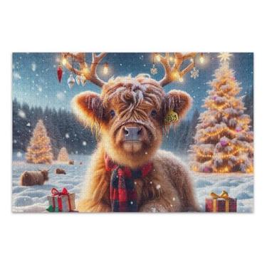 Imagem de Quebra-cabeça 500 peças para adultos bonito Natal vaca Highland Engraçado Quebra-cabeça rígido jogo de arte, 50,5 x 14,9 polegadas