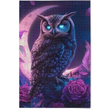 Imagem de Quebra-cabeça de coruja neon floral roxo 500 peças para adultos paisagem arte animal arte divertida quebra-cabeça presentes personalizados para amantes de quebra-cabeça, 52 cm x 37,8 cm